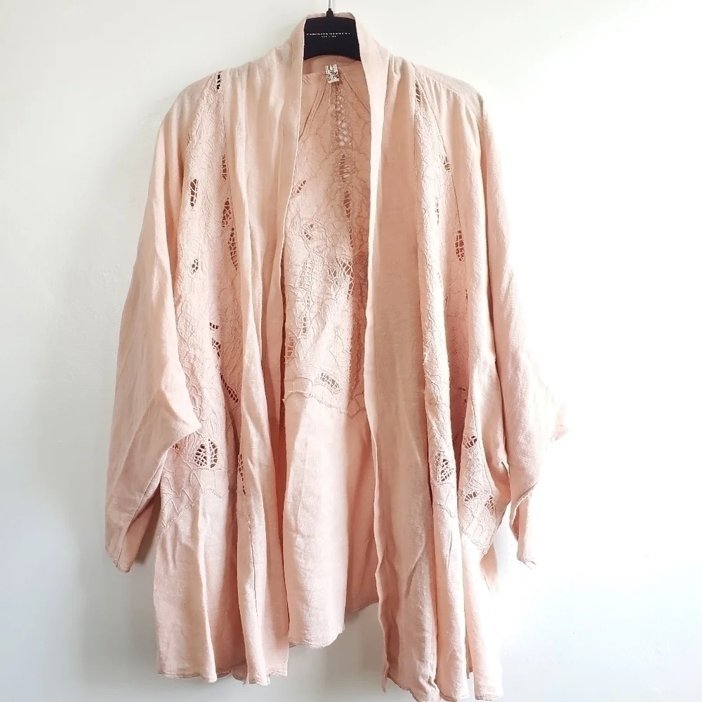 New Free People Cool Nights Crochet Conch Pink Cardigan Short Duster Kimono Sz S